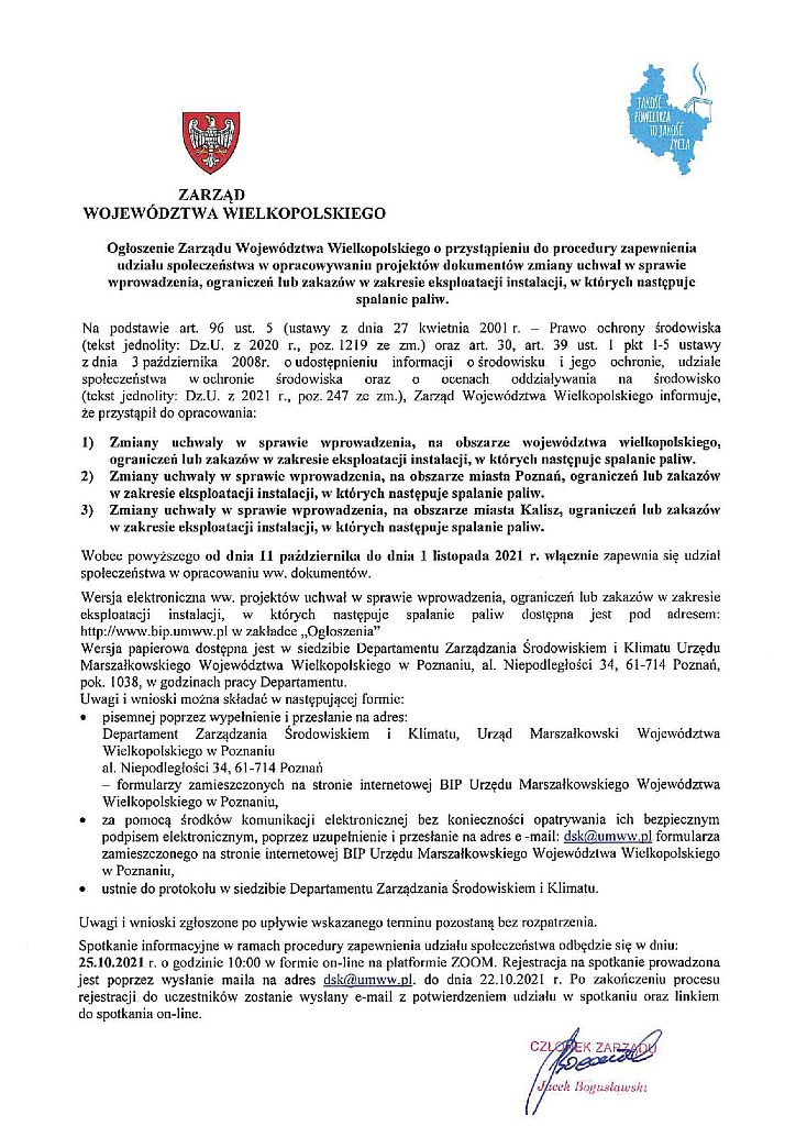 Ogłoszenie Zarządu Województwa Wielkopolskiego - konsultacje - skan