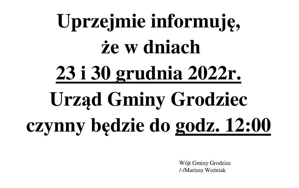 Godziny pracy urządu w dniach 23 i 30 grudnia 2022 r. - plakat