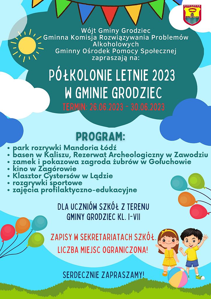 Półkolonie letnie 2023 w Gminie Grodziec - plakat