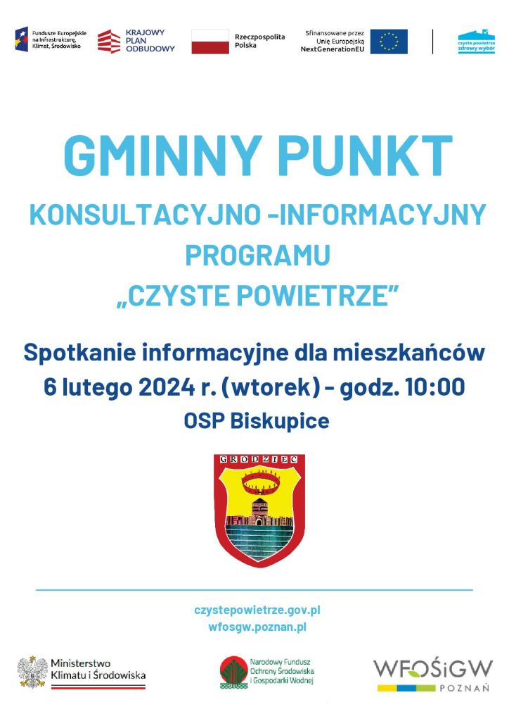 Spotkanie informacyjne: „Czyste Powietrze” – 6 lutego 2024 r., OSP Biskupice - plakat