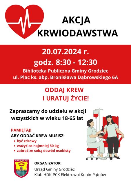 Akcja krwiodawstwa - 20.07.2024 r. - plakat