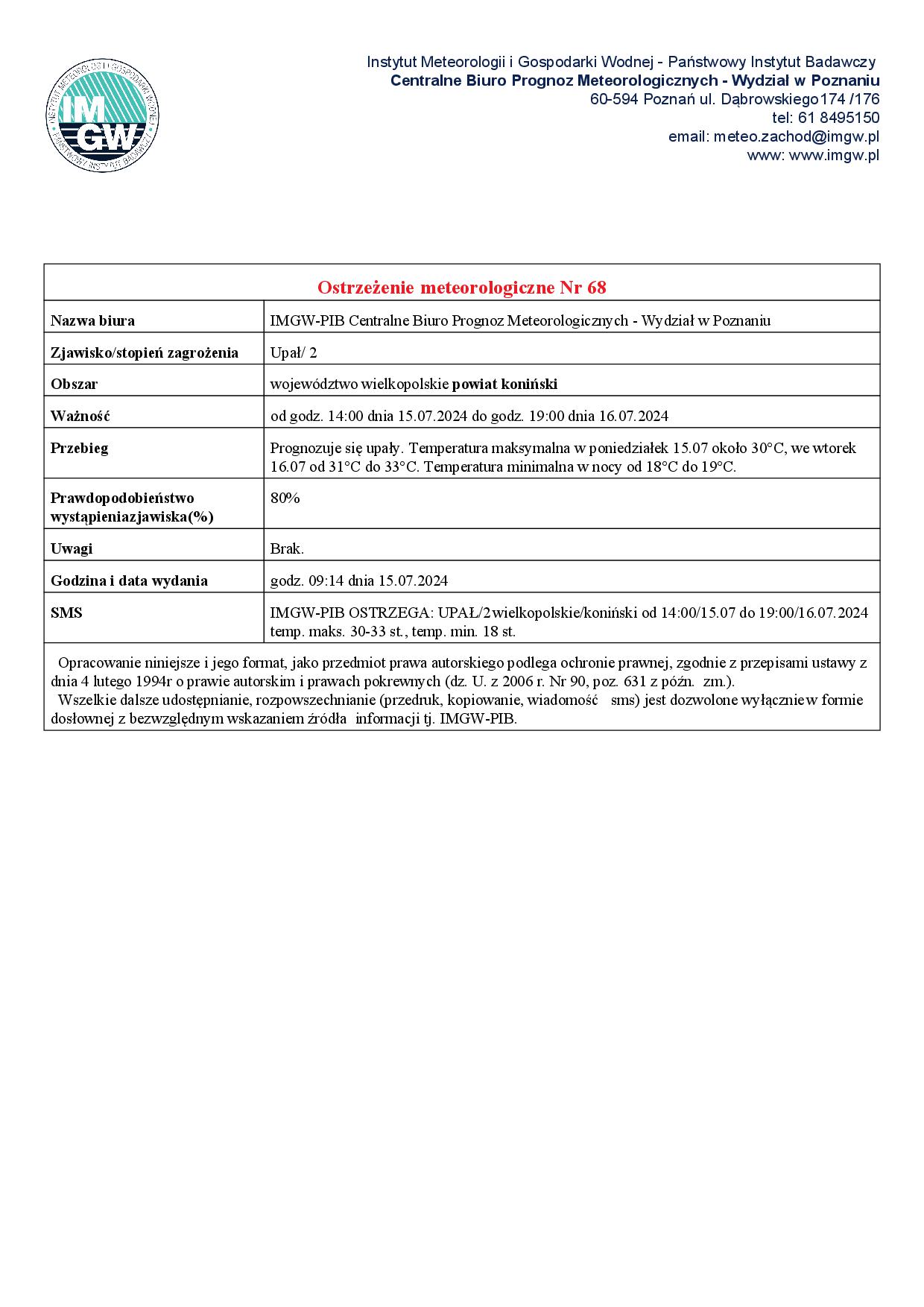 Komunikat ostrzegawczy - 15.07.2023 r. - plakat
