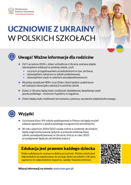 Obowiązek szkolny i obowiązek nauki dla dzieci i młodzieży z Ukrainy - plakat PL