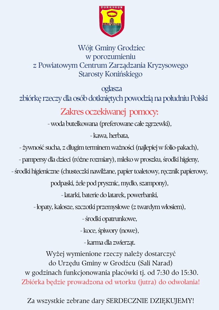Zbiórka rzeczy dla osób dotkniętych powodzią na południu Polski - plakat