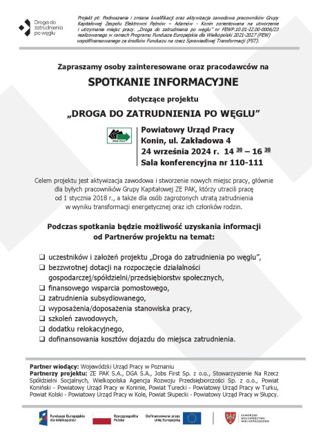 SPOTKANIE INFORMACYJNE dotyczące projektu „DROGA DO ZATRUDNIENIA PO WĘGLU” - plakat