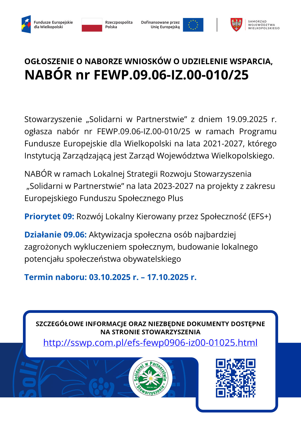 Ogłoszenie o naborze wniosków o udzielenie wsparcia, NABÓR nr FEWP.09.06-IZ.00-010/25 - plakat